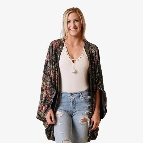 Free People Women's Jaipur Kimono Floral Embroidered Cardigan One Size Relaxed - Picture 3 of 12